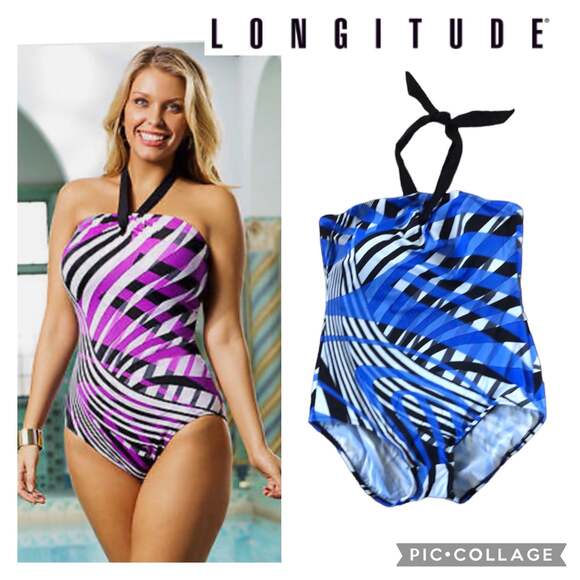 NWT Longitude Woman Halterneck swimsuit ib blue & white size 20 W